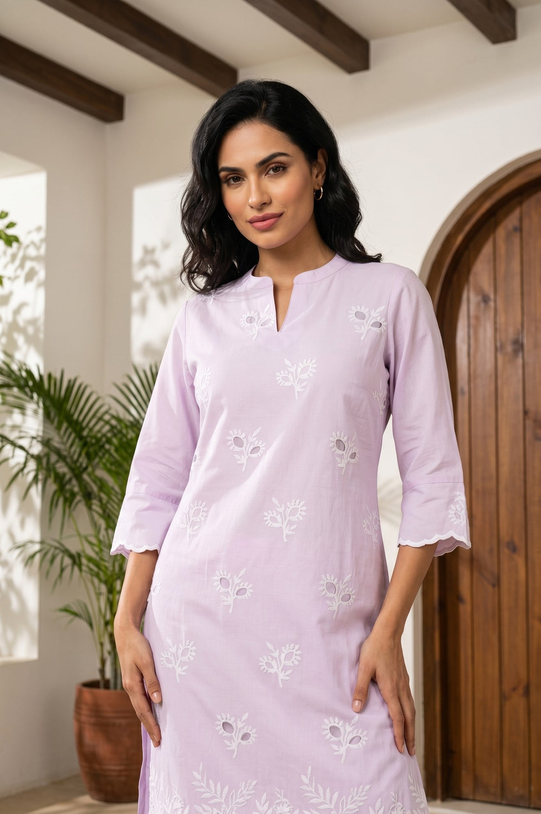 Lavender Schiffli Embroidered Pure Cotton Straight Kurta With Trousers And Dupatta Set