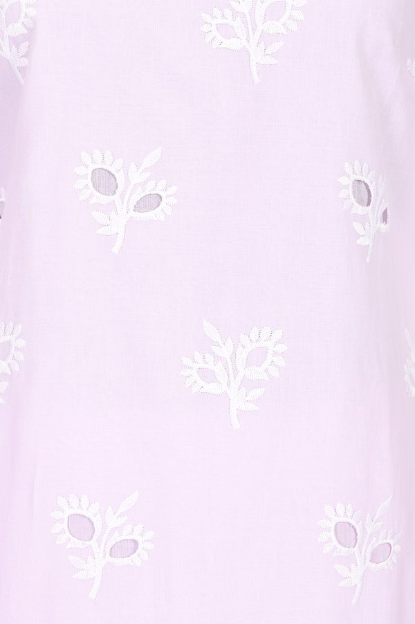 Lavender Schiffli Embroidered Pure Cotton Straight Kurta With Trousers And Dupatta Set