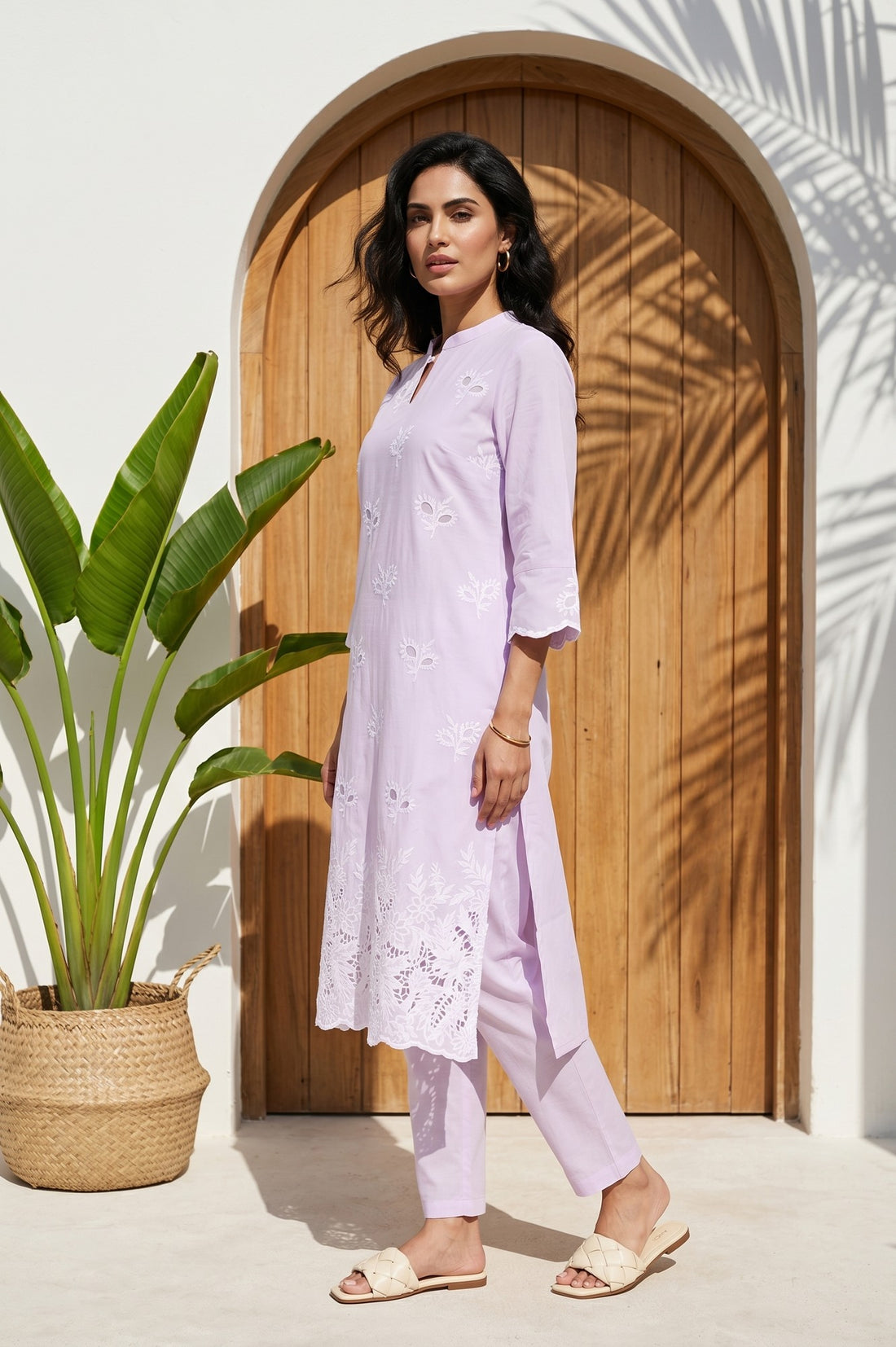 Lavender Schiffli Embroidered Pure Cotton Straight Kurta With Trousers And Dupatta Set
