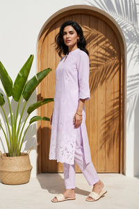 Lavender Schiffli Embroidered Pure Cotton Straight Kurta With Trousers And Dupatta Set