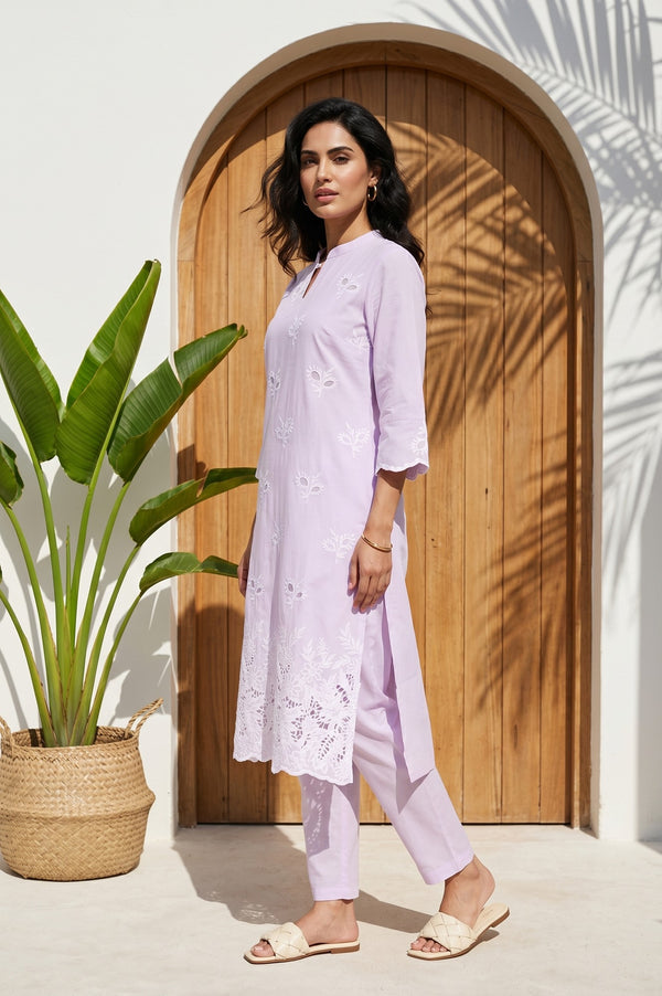 Lavender Schiffli Embroidered Pure Cotton Straight Kurta With Trousers And Dupatta Set