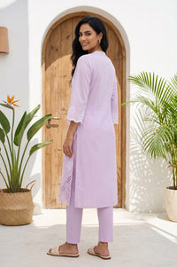 Lavender Schiffli Embroidered Pure Cotton Straight Kurta With Trousers And Dupatta Set