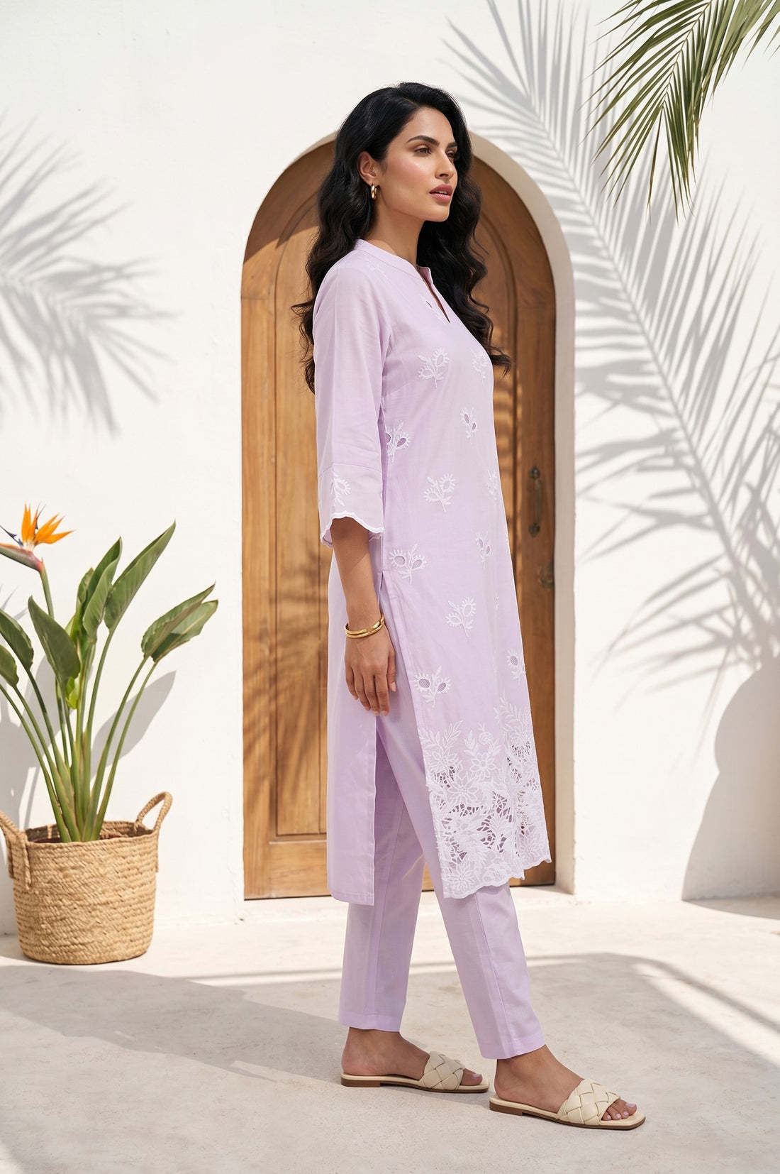 Lavender Schiffli Embroidered Pure Cotton Straight Kurta With Trousers And Dupatta Set