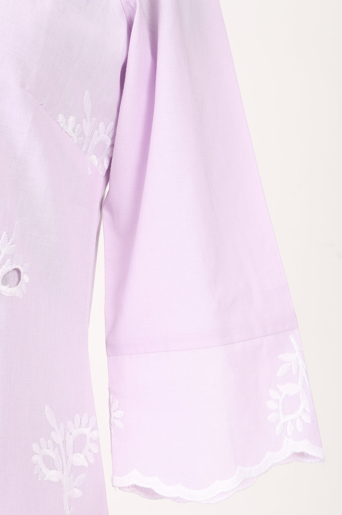 Lavender Schiffli Embroidered Pure Cotton Straight Kurta With Trousers And Dupatta Set