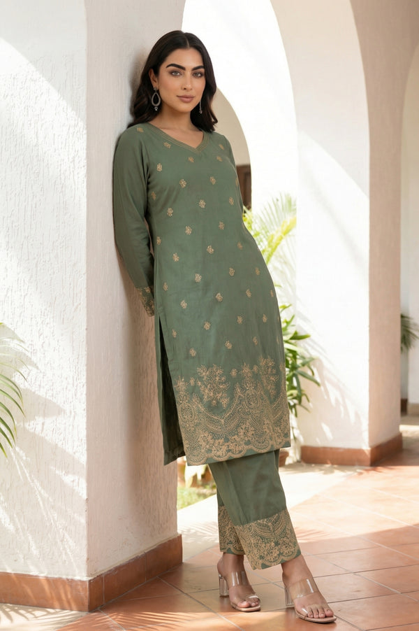 Green Floral Printed Rayon Straight Kurta with Palazzo Co-ord Set