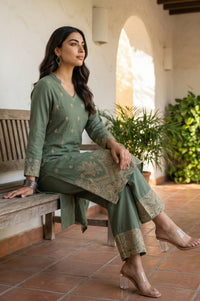 Green Floral Printed Rayon Straight Kurta with Palazzo Co-ord Set