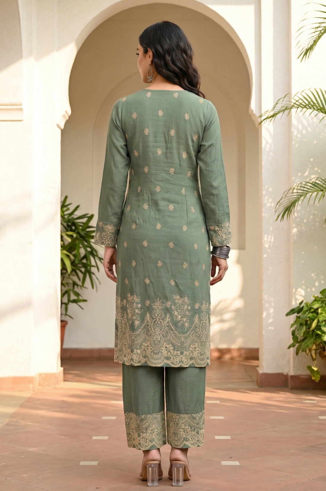 Green Floral Printed Rayon Straight Kurta with Palazzo Co-ord Set