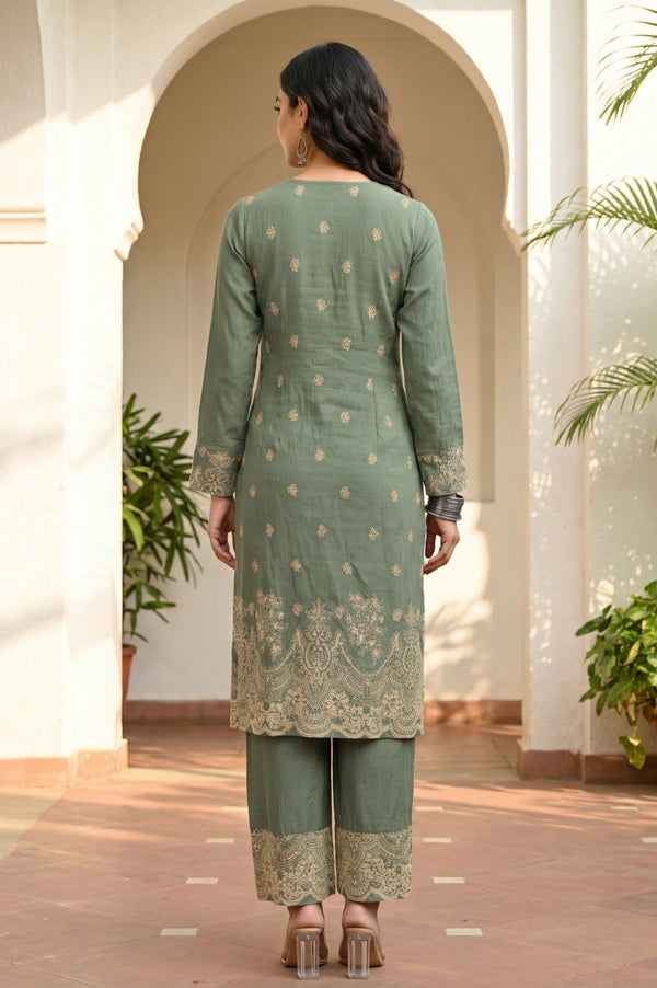 Green Floral Printed Rayon Straight Kurta with Palazzo Co-ord Set