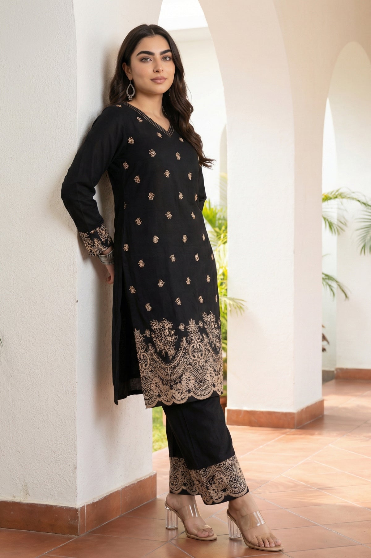 Black Floral Printed Rayon Straight Kurta with Palazzo Co-ord Set - XS