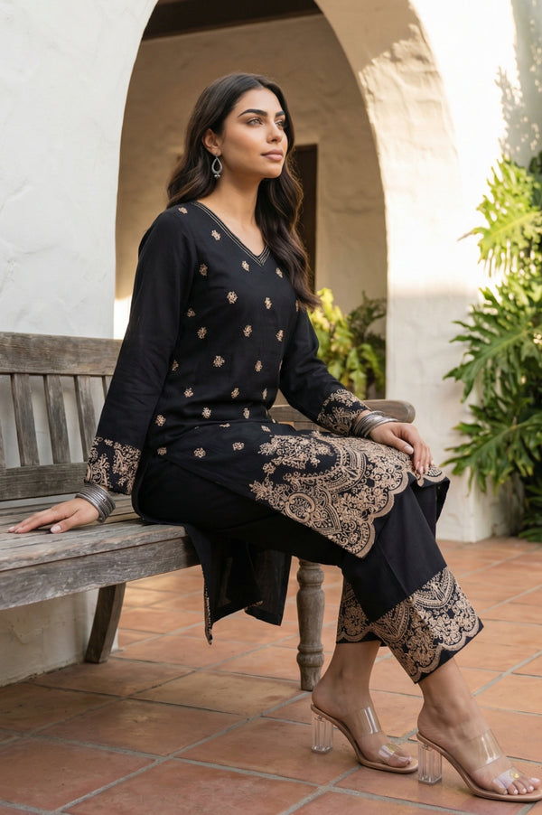 Black Floral Printed Rayon Straight Kurta with Palazzo Co-ord Set