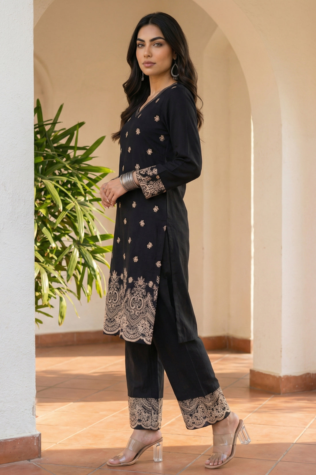 Black Floral Printed Rayon Straight Kurta with Palazzo Co-ord Set