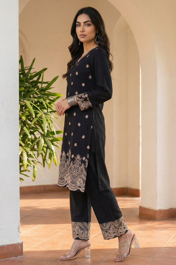 Black Floral Printed Rayon Straight Kurta with Palazzo Co-ord Set