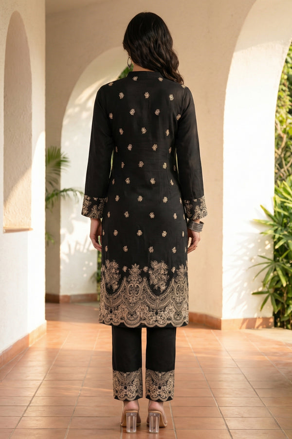 Black Floral Printed Rayon Straight Kurta with Palazzo Co-ord Set