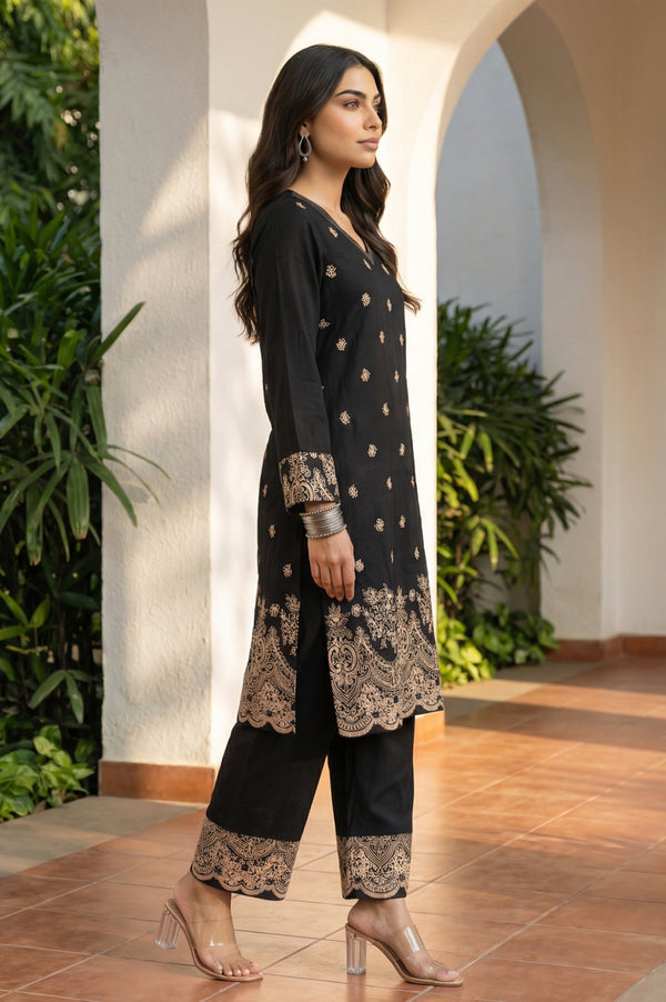 Black Floral Printed Rayon Straight Kurta with Palazzo Co-ord Set