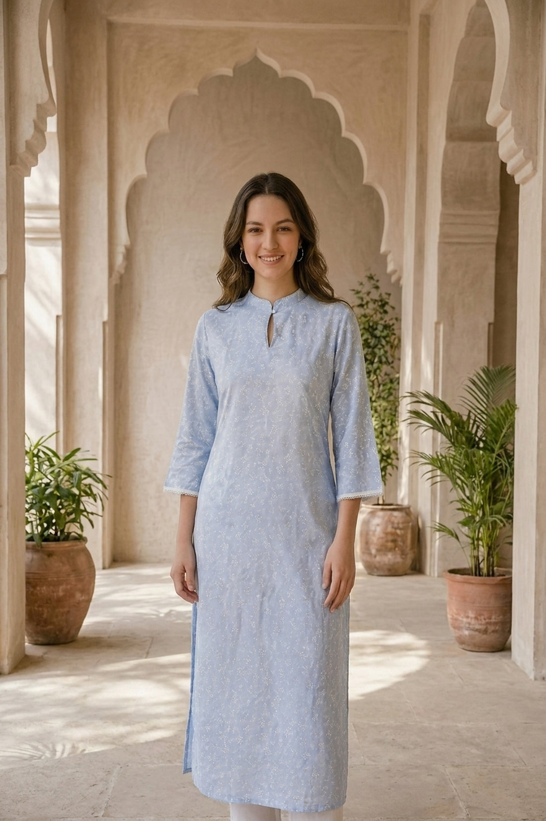 Blue Printed Straight Kurta With Trousers Co-ord Set