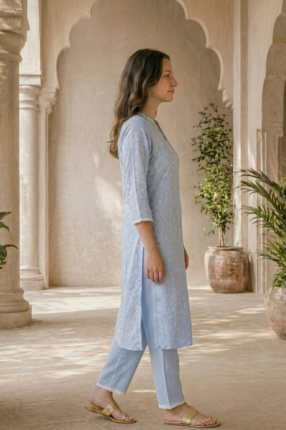 Blue Printed Straight Kurta With Trousers Co-ord Set