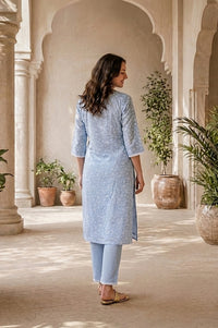 Blue Printed Straight Kurta With Trousers Co-ord Set