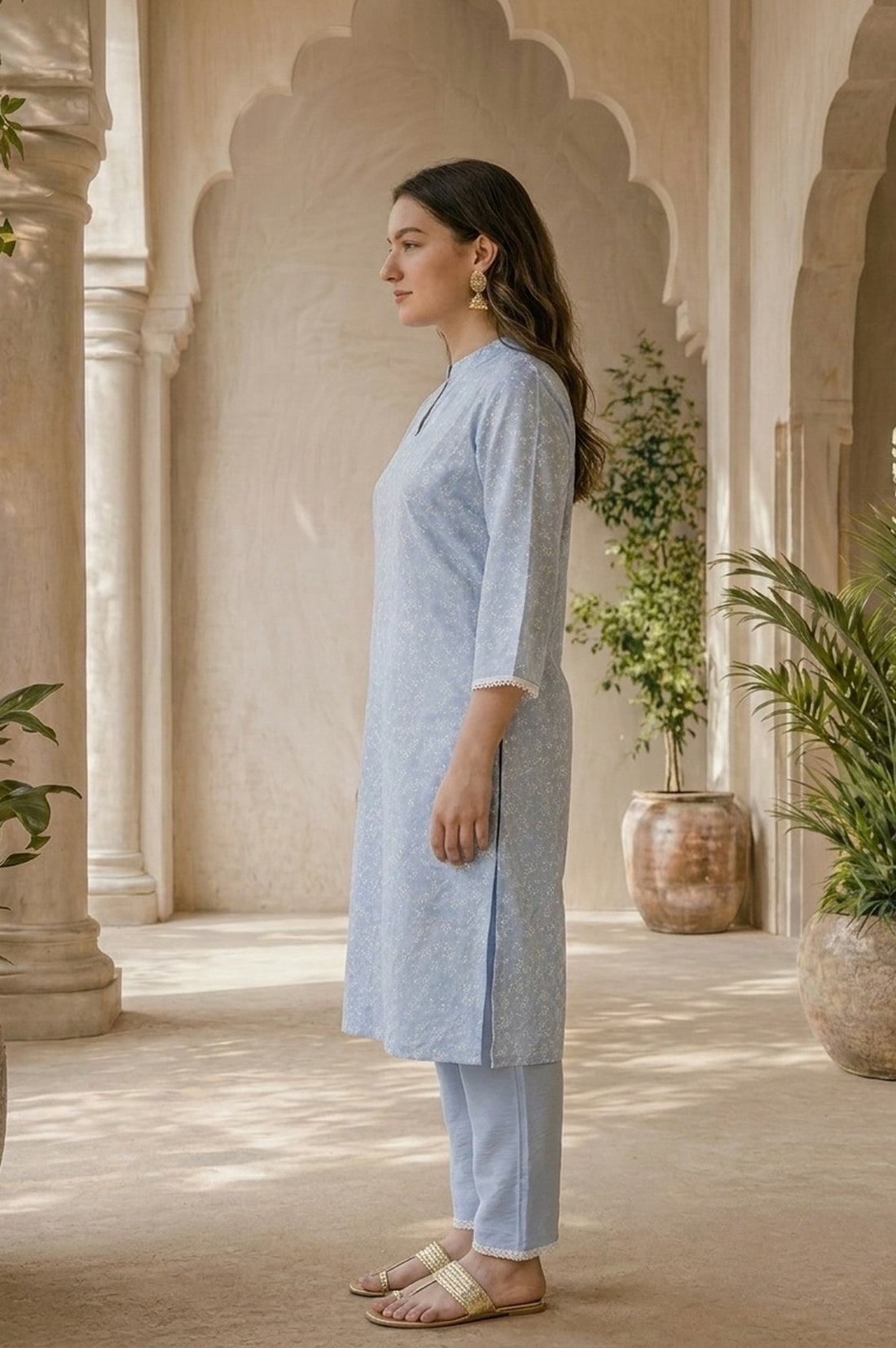 Blue Printed Straight Kurta With Trousers Co-ord Set