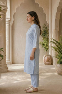 Blue Printed Straight Kurta With Trousers Co-ord Set