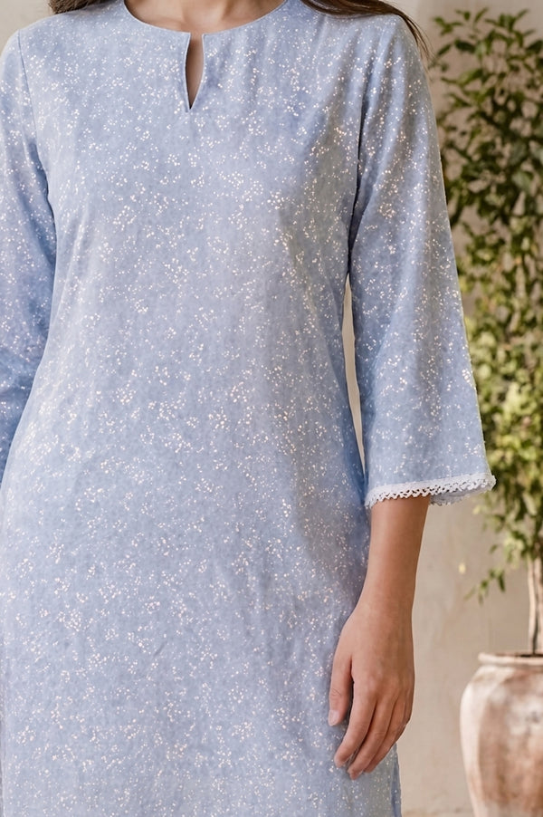 Blue Printed Straight Kurta With Trousers Co-ord Set