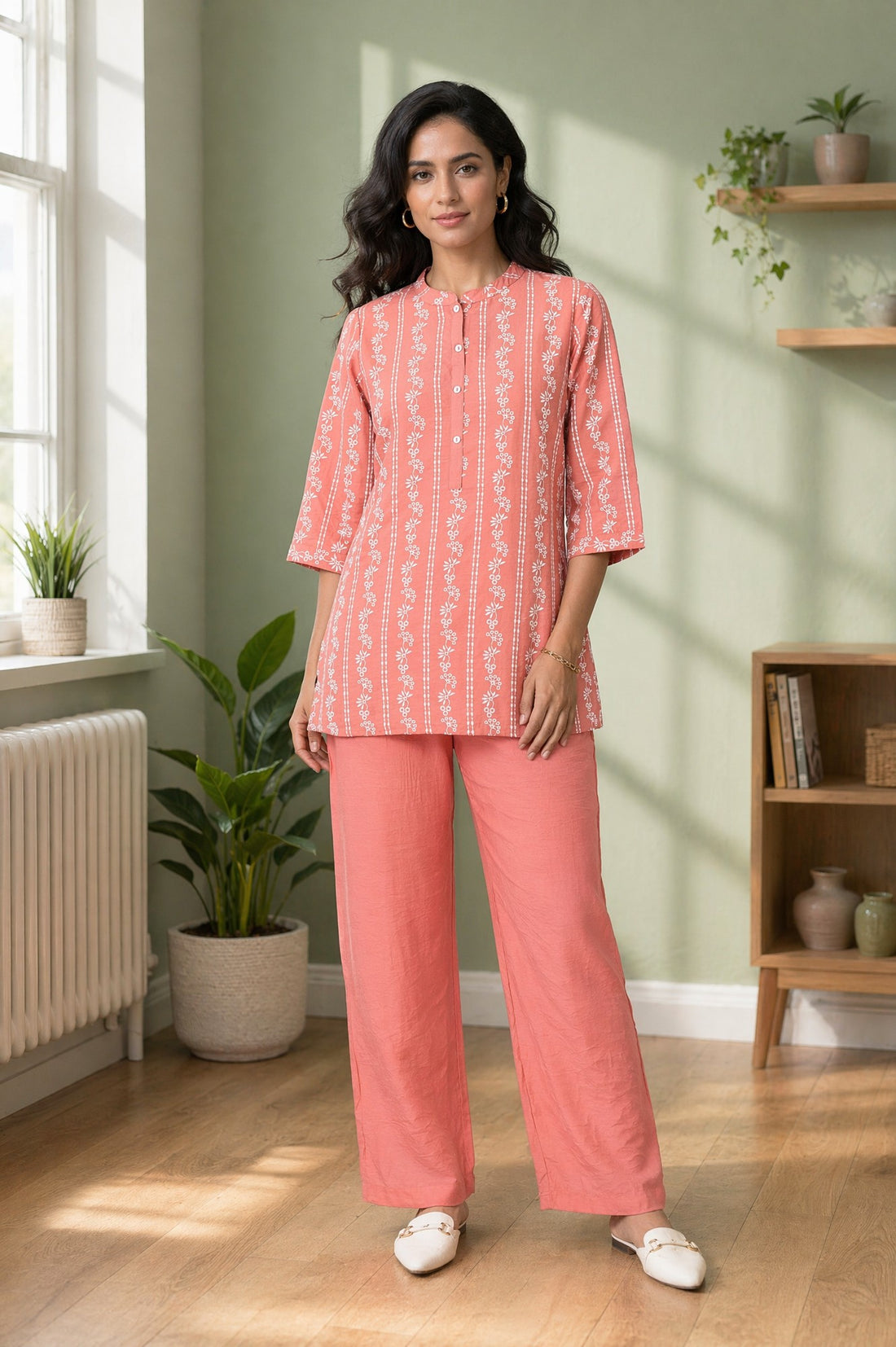 Coral Floral Printed Rayon Straight Top with Palazzo Co-ord Set