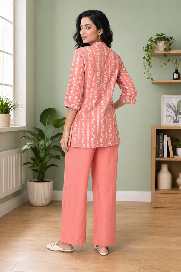 Coral Floral Printed Rayon Straight Top with Palazzo Co-ord Set