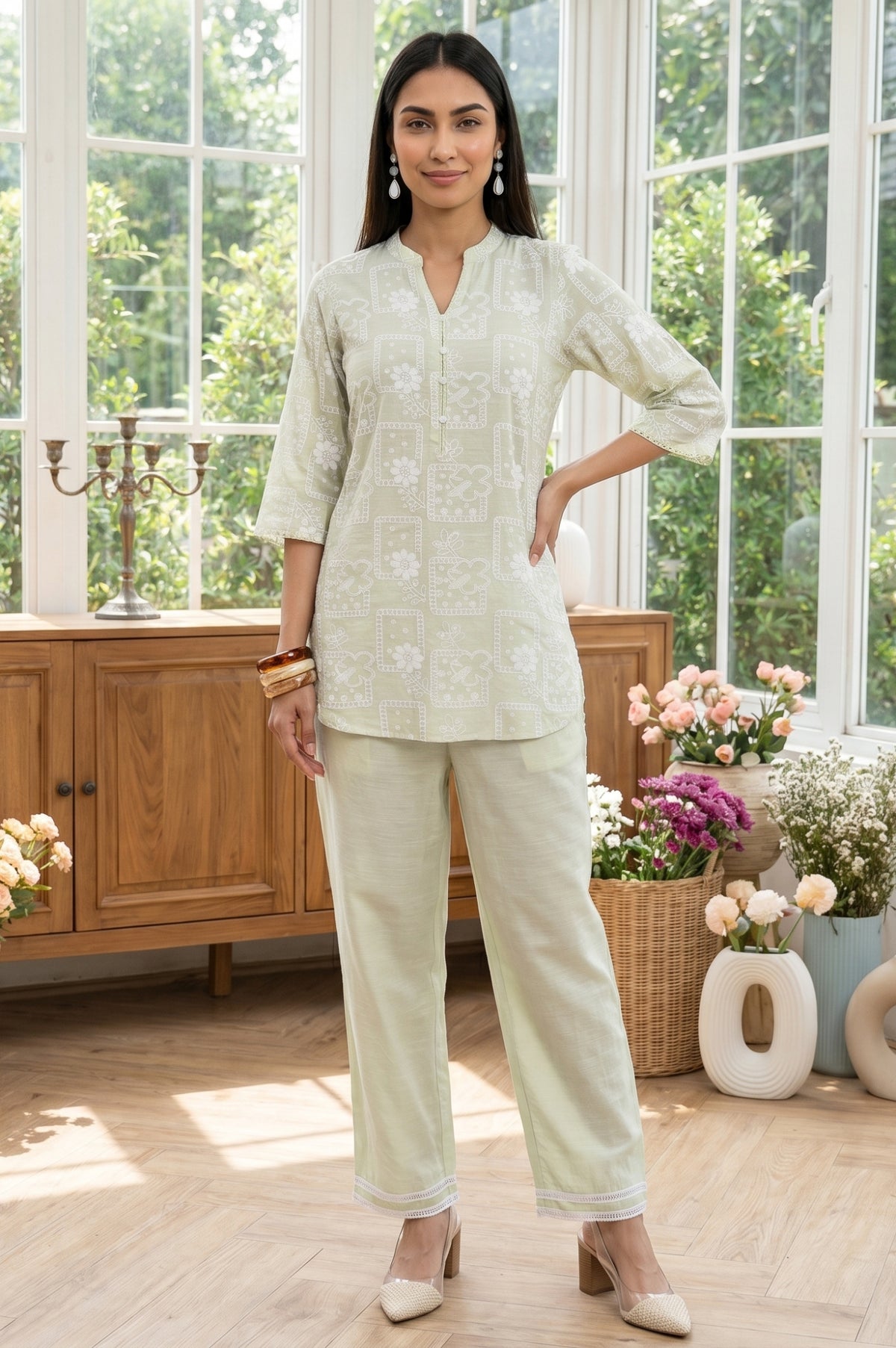 Light Green Floral Printed Rayon Straight Top with Palazzo Co-ord Set - XS