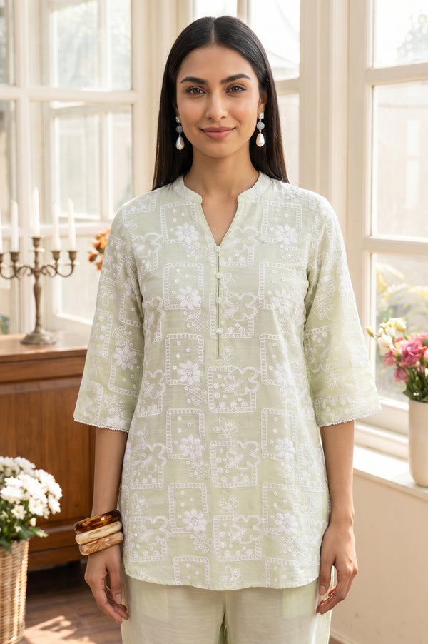 Light Green Floral Printed Rayon Straight Top with Palazzo Co-ord Set