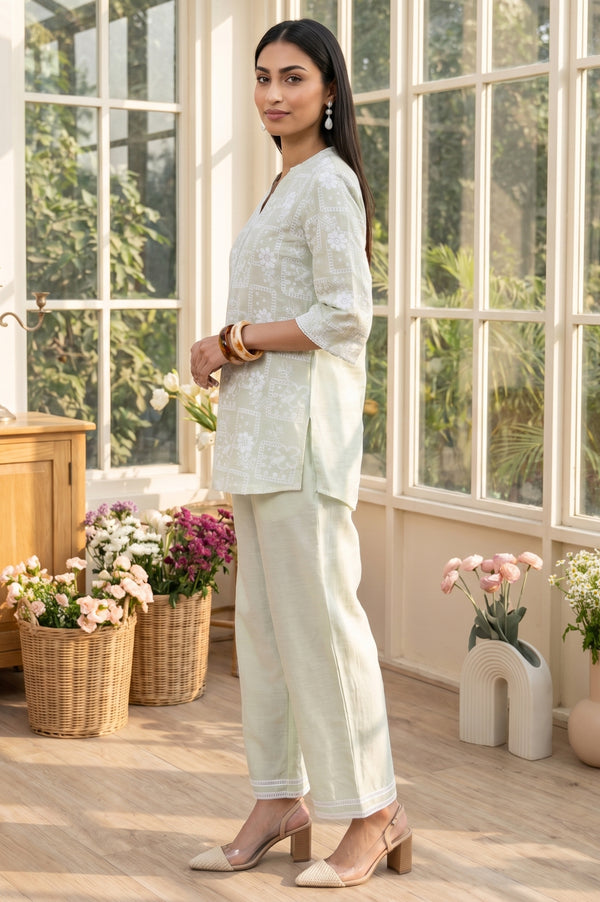 Light Green Floral Printed Rayon Straight Top with Palazzo Co-ord Set