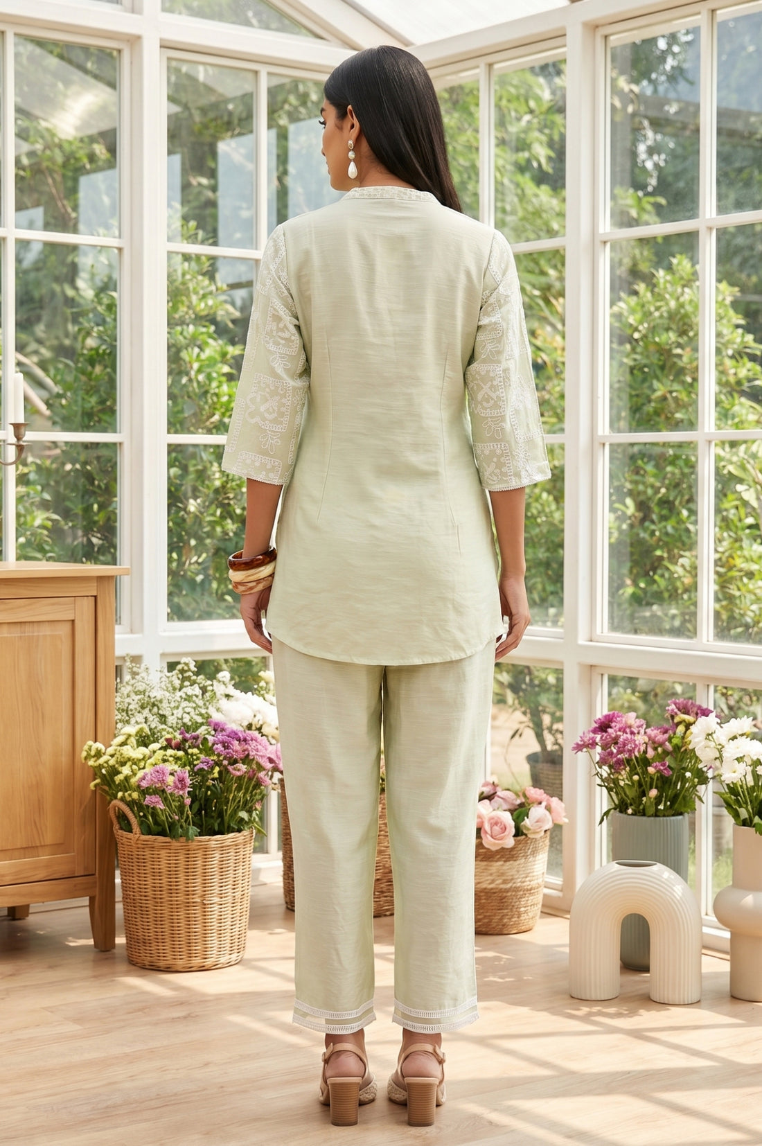Light Green Floral Printed Rayon Straight Top with Palazzo Co-ord Set