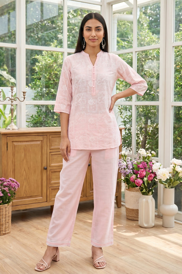 Pink Floral Printed Rayon Straight Top with Palazzo Co-ord Set