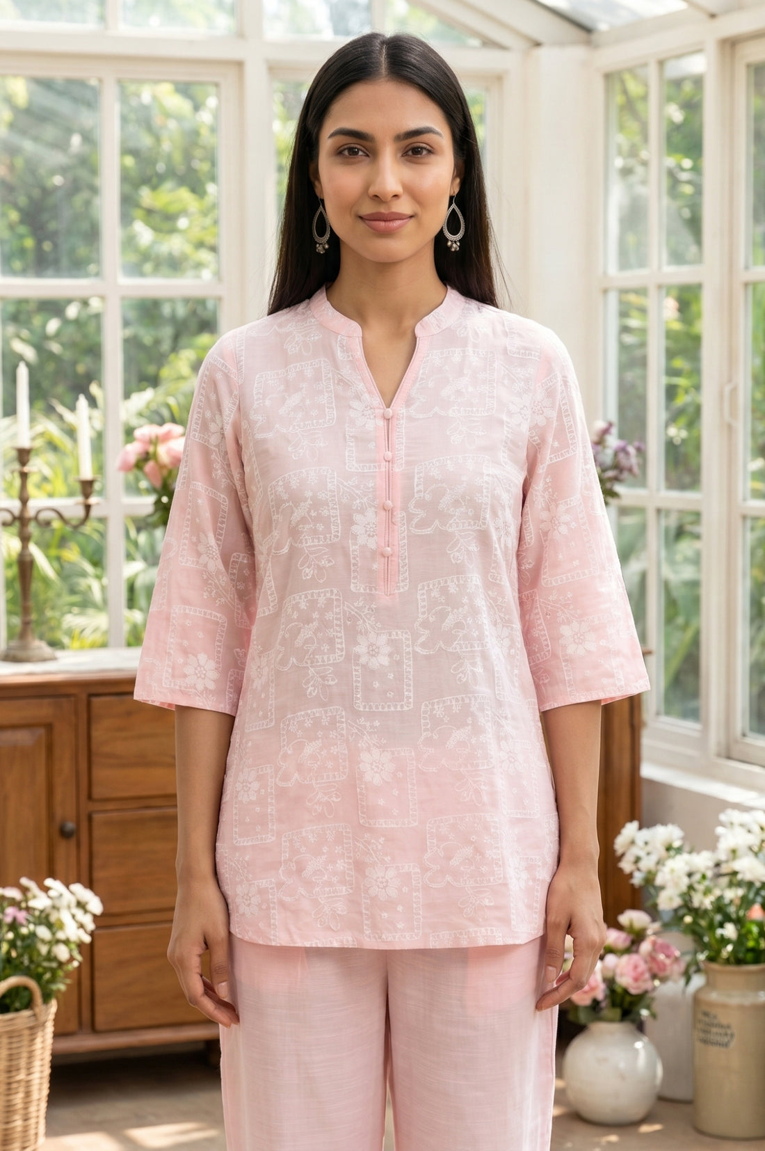 Pink Floral Printed Rayon Straight Top with Palazzo Co-ord Set