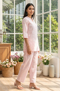 Pink Floral Printed Rayon Straight Top with Palazzo Co-ord Set