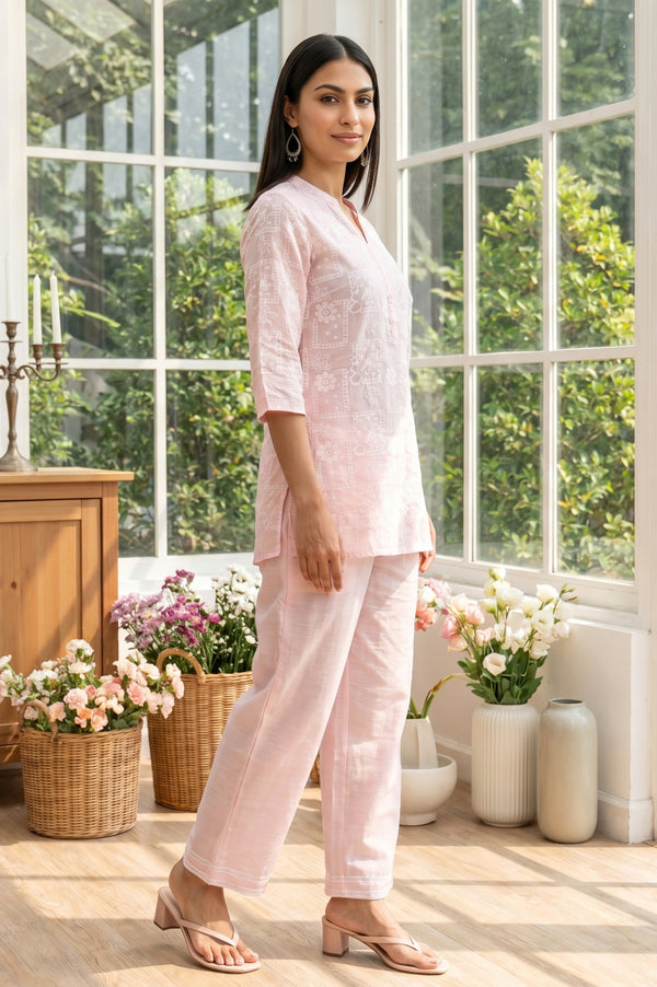 Pink Floral Printed Rayon Straight Top with Palazzo Co-ord Set