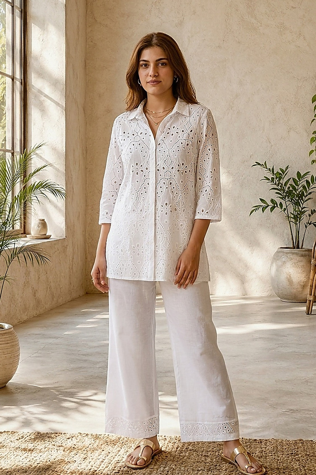 White Schiffli Pure Cotton Straight Top With Palazzo Co-ord Set