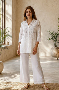 White Schiffli Pure Cotton Straight Top With Palazzo Co-ord Set