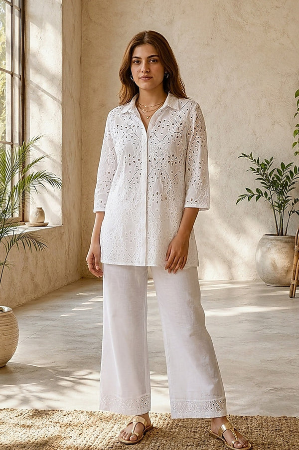 White Schiffli Pure Cotton Straight Top With Palazzo Co-ord Set