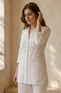 White Schiffli Pure Cotton Straight Top With Palazzo Co-ord Set