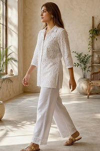 White Schiffli Pure Cotton Straight Top With Palazzo Co-ord Set