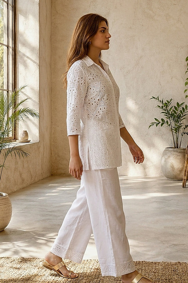 White Schiffli Pure Cotton Straight Top With Palazzo Co-ord Set