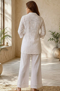 White Schiffli Pure Cotton Straight Top With Palazzo Co-ord Set