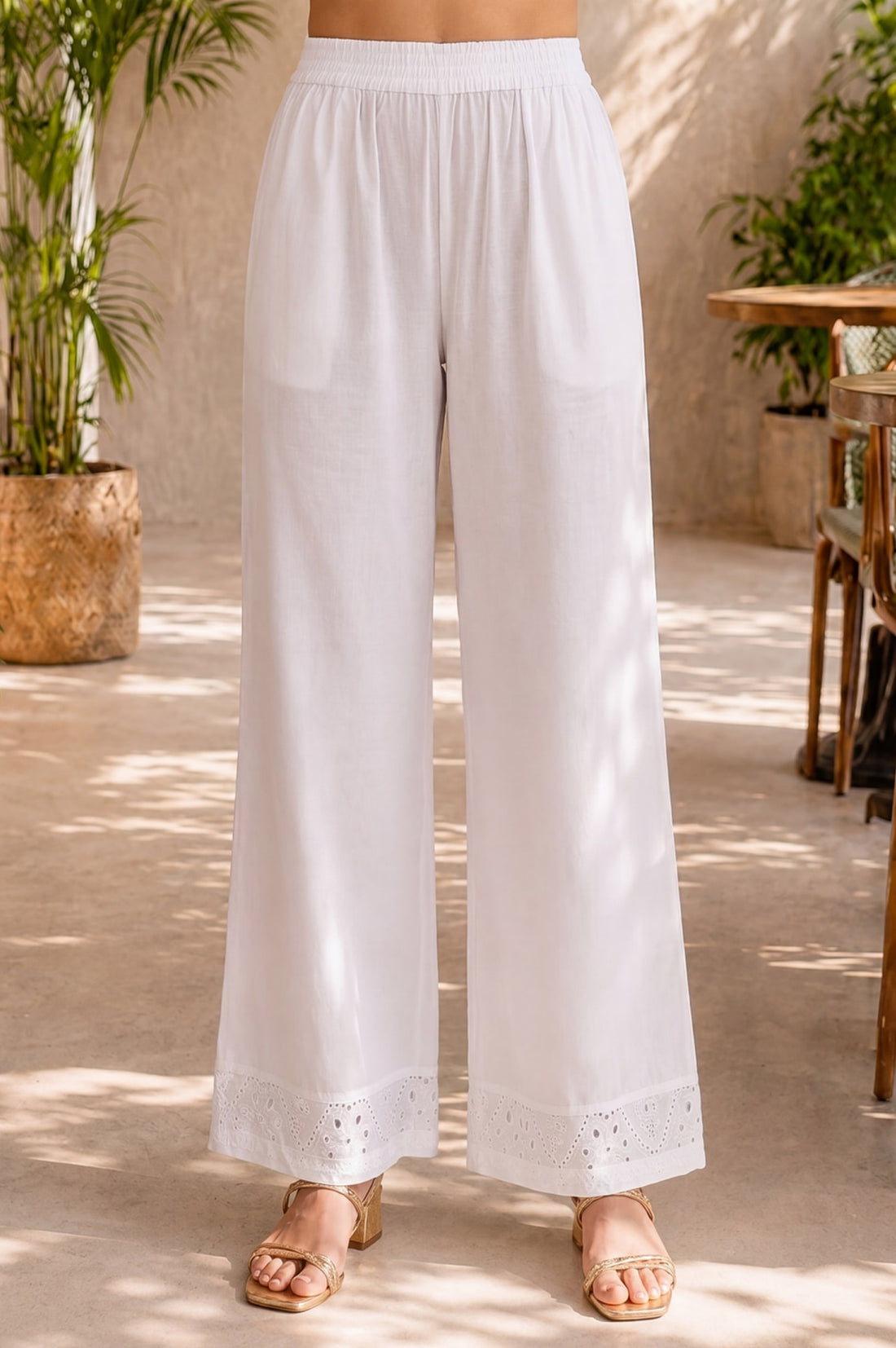 White Schiffli Pure Cotton Straight Top With Palazzo Co-ord Set