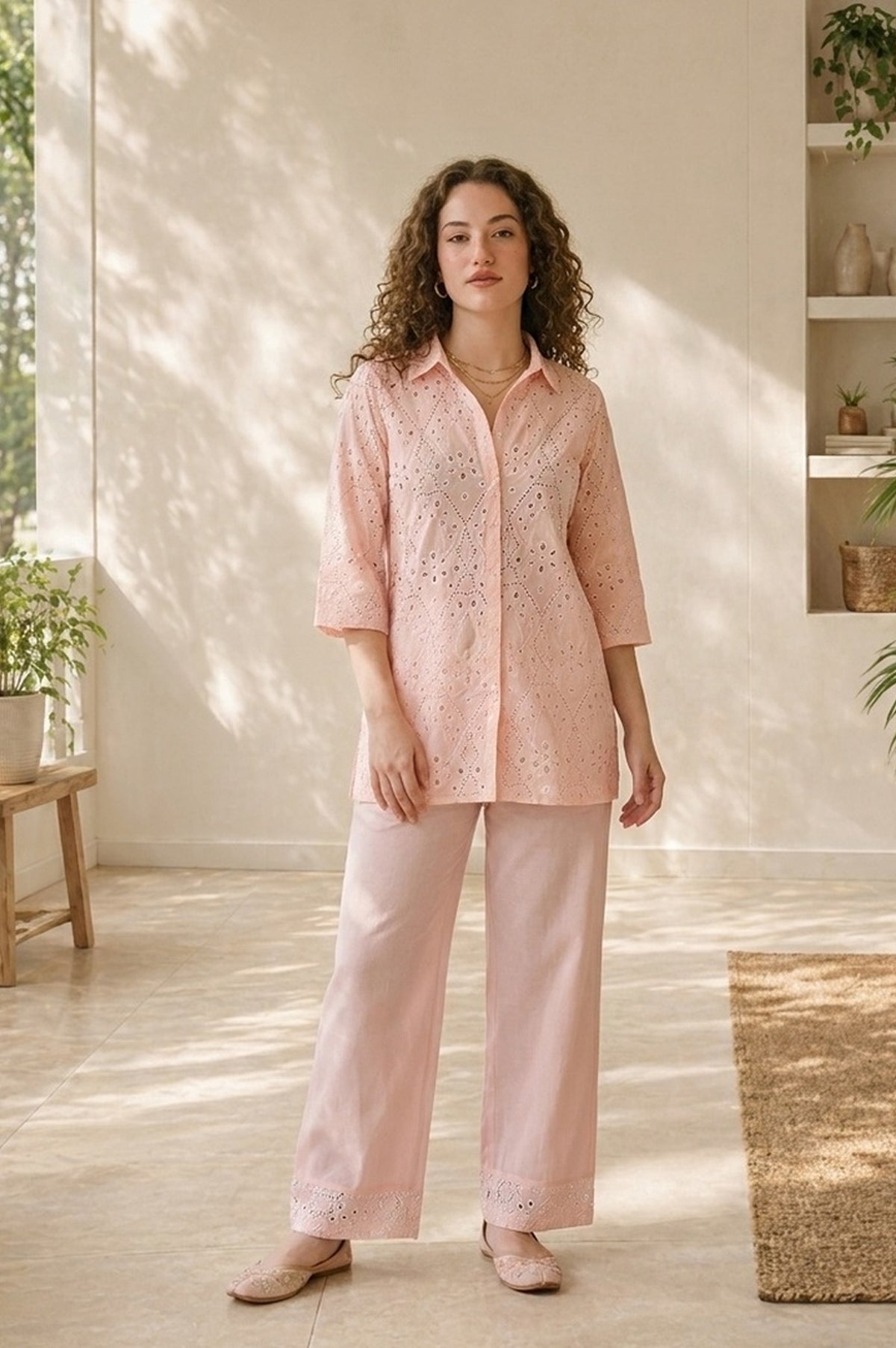 Pink Schiffli Pure Cotton Straight Top With Palazzo Co-ord Set - XS