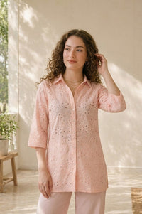 Pink Schiffli Pure Cotton Straight Top With Palazzo Co-ord Set
