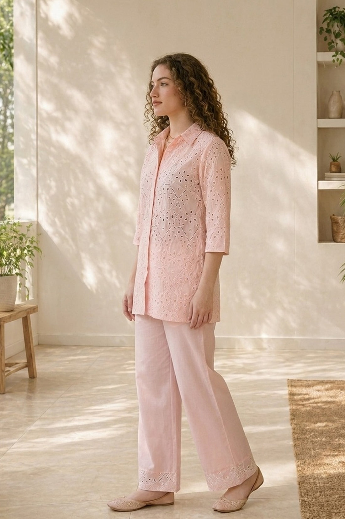 Pink Schiffli Pure Cotton Straight Top With Palazzo Co-ord Set