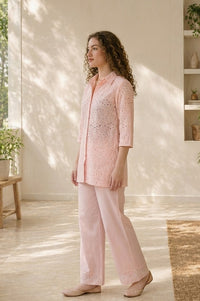 Pink Schiffli Pure Cotton Straight Top With Palazzo Co-ord Set