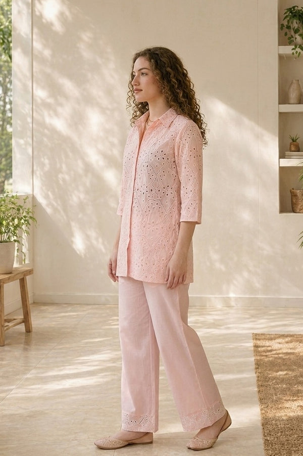 Pink Schiffli Pure Cotton Straight Top With Palazzo Co-ord Set