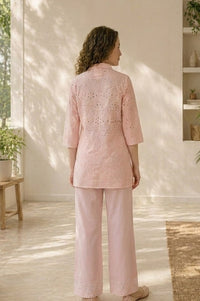 Pink Schiffli Pure Cotton Straight Top With Palazzo Co-ord Set