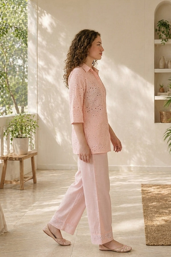 Pink Schiffli Pure Cotton Straight Top With Palazzo Co-ord Set