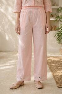 Pink Schiffli Pure Cotton Straight Top With Palazzo Co-ord Set